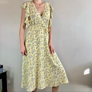 1. State pastel yellow with blue floral pattern flutter sleeve midi dress size 8